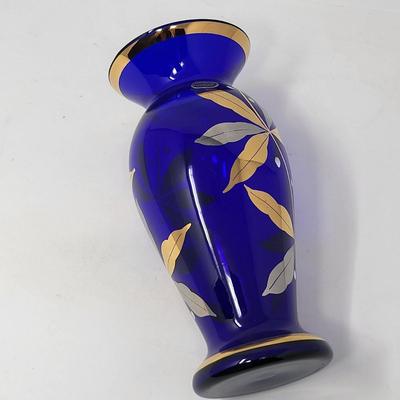 Vintage Bohemian Cobalt Crystal Hand Painted Gold Vase