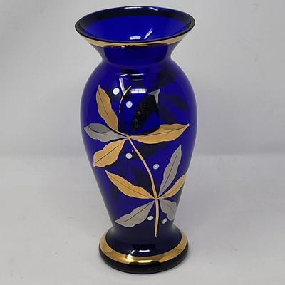 Vintage Bohemian Cobalt Crystal Hand Painted Gold Vase