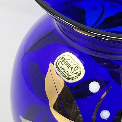 Vintage Bohemian Cobalt Crystal Hand Painted Gold Vase