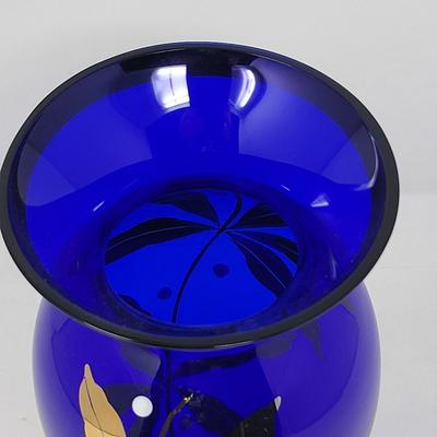 Vintage Bohemian Cobalt Crystal Hand Painted Gold Vase