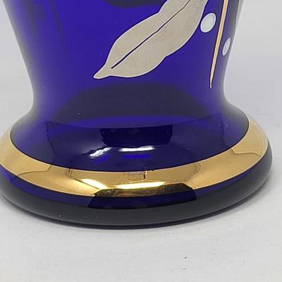 Vintage Bohemian Cobalt Crystal Hand Painted Gold Vase