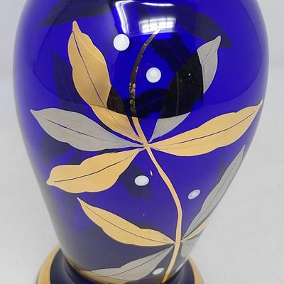 Vintage Bohemian Cobalt Crystal Hand Painted Gold Vase