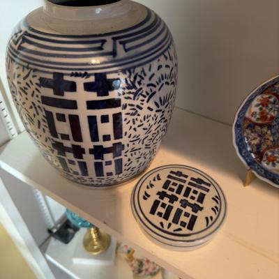 409 Vintage Blue and White Ginger Jar with Canister and Two Decorative Plates