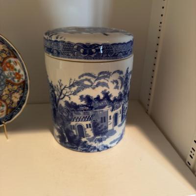 409 Vintage Blue and White Ginger Jar with Canister and Two Decorative Plates
