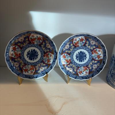 409 Vintage Blue and White Ginger Jar with Canister and Two Decorative Plates