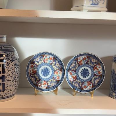 409 Vintage Blue and White Ginger Jar with Canister and Two Decorative Plates