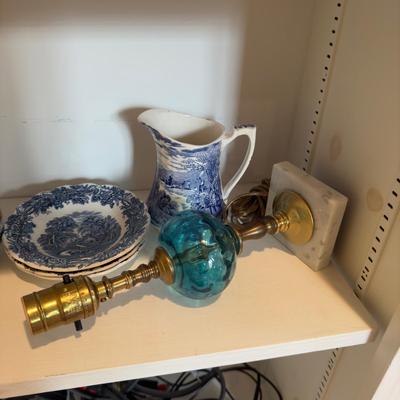 410 Misc. China Lot with Pair of Blue Glass Lamps