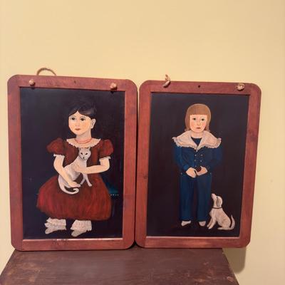 415 Pair of Hand painted Primitive Boy and Girl on Chalkboard by Vickie Patterson