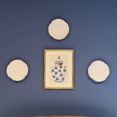 417 Three White Jay Winifred Plates with Blue and White Ginger Jar Framed Print