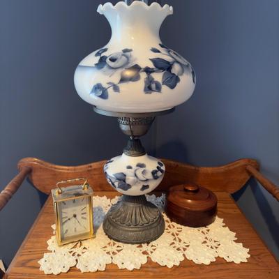 424 Vintage Wash Stand w/Towel Bars, Wooden Bowl and Antique Lamp