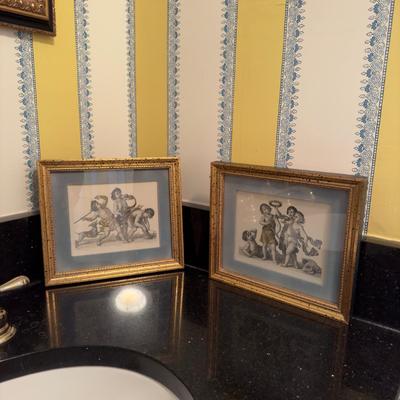 435 Pair of Framed Black and White Cherub Prints