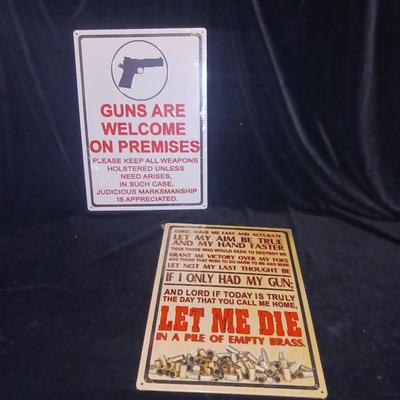 2 NEW TIN SIGNS WITH RAISED LETTERING