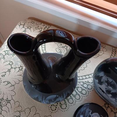 3 PIECE SIGNED, HAND PAINTED WEDDING VASE, TRINKET BOX AND OVAL VASE WITH A NATIVE AMERICAN THEME