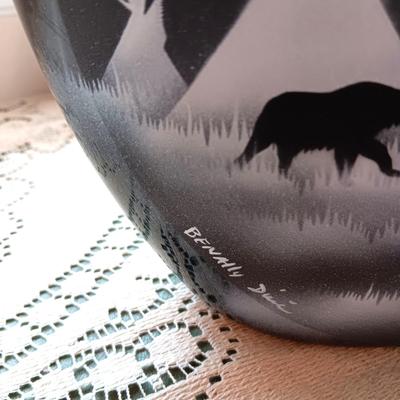 3 PIECE SIGNED, HAND PAINTED WEDDING VASE, TRINKET BOX AND OVAL VASE WITH A NATIVE AMERICAN THEME