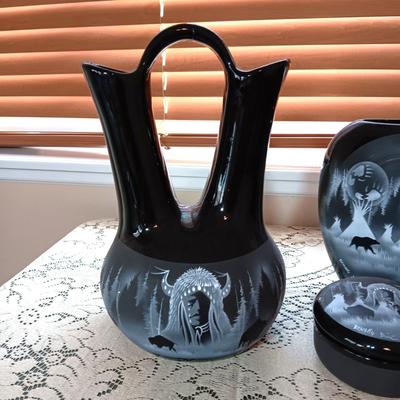 3 PIECE SIGNED, HAND PAINTED WEDDING VASE, TRINKET BOX AND OVAL VASE WITH A NATIVE AMERICAN THEME