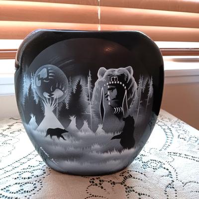 3 PIECE SIGNED, HAND PAINTED WEDDING VASE, TRINKET BOX AND OVAL VASE WITH A NATIVE AMERICAN THEME