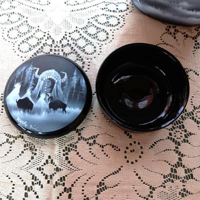 3 PIECE SIGNED, HAND PAINTED WEDDING VASE, TRINKET BOX AND OVAL VASE WITH A NATIVE AMERICAN THEME