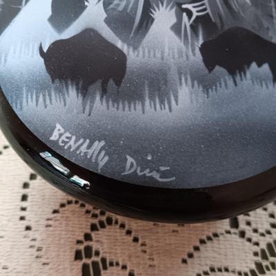 3 PIECE SIGNED, HAND PAINTED WEDDING VASE, TRINKET BOX AND OVAL VASE WITH A NATIVE AMERICAN THEME
