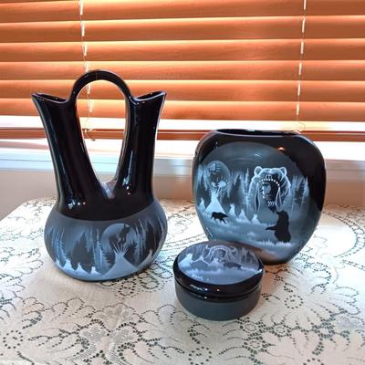 3 PIECE SIGNED, HAND PAINTED WEDDING VASE, TRINKET BOX AND OVAL VASE WITH A NATIVE AMERICAN THEME