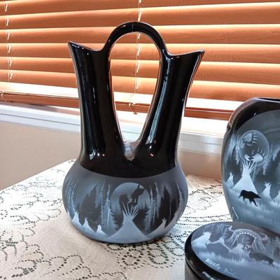 3 PIECE SIGNED, HAND PAINTED WEDDING VASE, TRINKET BOX AND OVAL VASE WITH A NATIVE AMERICAN THEME
