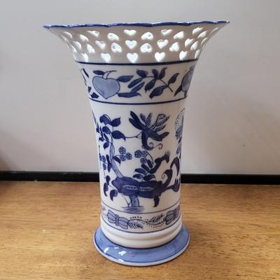 Blue White Formalities Vase Cut-Out Hearts 10.5"