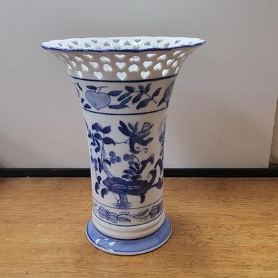 Blue White Formalities Vase Cut-Out Hearts 10.5"