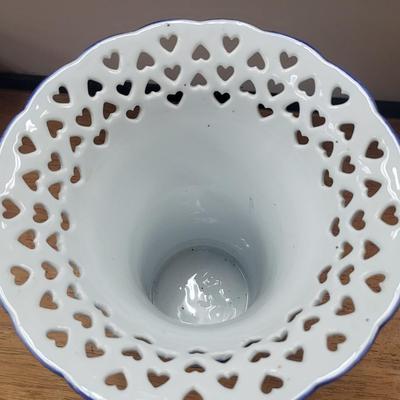 Blue White Formalities Vase Cut-Out Hearts 10.5"