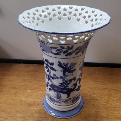 Blue White Formalities Vase Cut-Out Hearts 10.5"