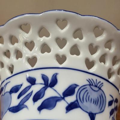 Blue White Formalities Vase Cut-Out Hearts 10.5"