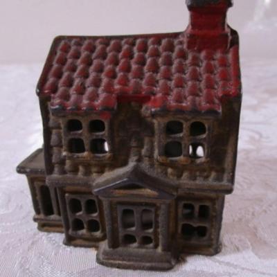 Vintage Antique cast iron colonial house bank by A. C. Williams