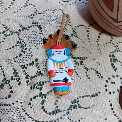 SIGNED NATIVE AMERICAN CLAY POT WITH 2 SMALL DECORATIONS