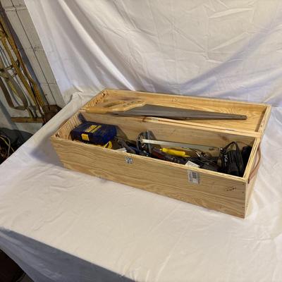 Assorted Tools in Wooden Toolbox (B2-ES)
