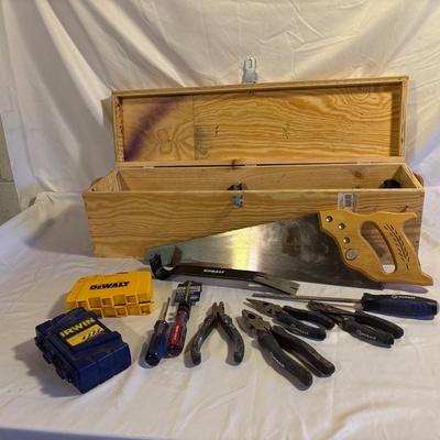 Assorted Tools in Wooden Toolbox (B2-ES)