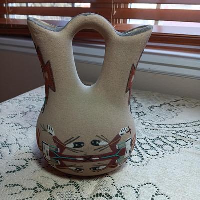 SIGNED WEDDING VASE USING SAND ART TECHNIQUE AND SIGNED SMALLER CLAY POT