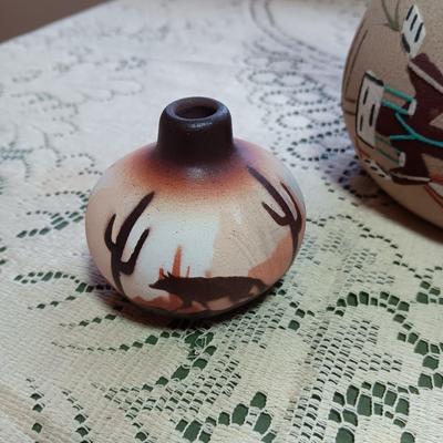 SIGNED WEDDING VASE USING SAND ART TECHNIQUE AND SIGNED SMALLER CLAY POT