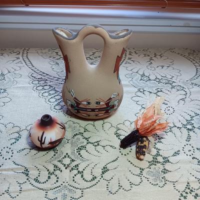 SIGNED WEDDING VASE USING SAND ART TECHNIQUE AND SIGNED SMALLER CLAY POT