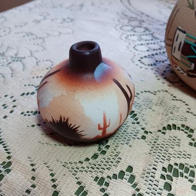SIGNED WEDDING VASE USING SAND ART TECHNIQUE AND SIGNED SMALLER CLAY POT