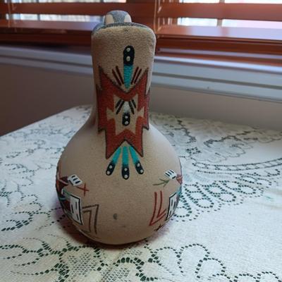 SIGNED WEDDING VASE USING SAND ART TECHNIQUE AND SIGNED SMALLER CLAY POT