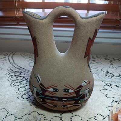 SIGNED WEDDING VASE USING SAND ART TECHNIQUE AND SIGNED SMALLER CLAY POT