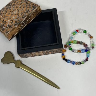 Miscellaneous Lot: Brass Letter Opener, Trinket Box, and 2 Beaded friendship Bracelets