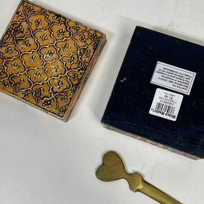 Miscellaneous Lot: Brass Letter Opener, Trinket Box, and 2 Beaded friendship Bracelets