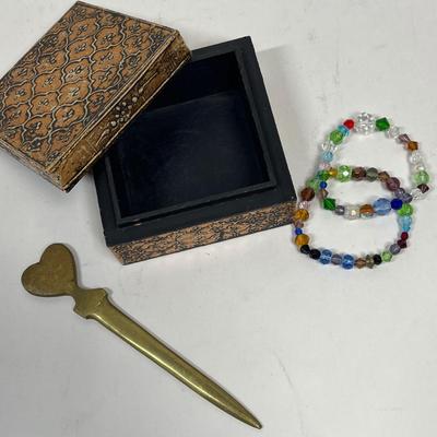 Miscellaneous Lot: Brass Letter Opener, Trinket Box, and 2 Beaded friendship Bracelets