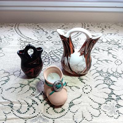 2 SIGNED NAVAJO WEDDING VASES AND VOTIVE CANDLE BOOTIE