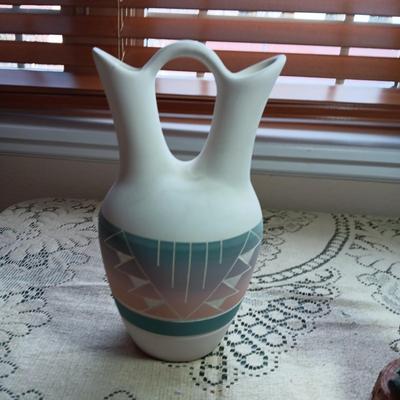 SIGNED CLAY WEDDING VASE AND A CLAY LIKE KACHINA