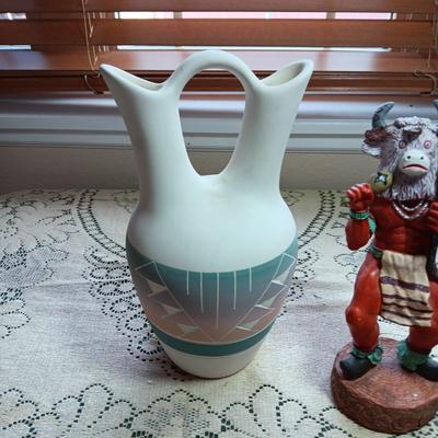 SIGNED CLAY WEDDING VASE AND A CLAY LIKE KACHINA