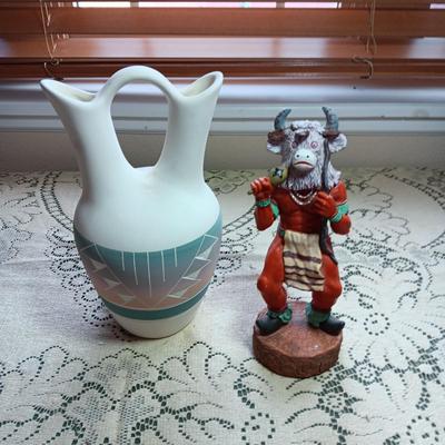 SIGNED CLAY WEDDING VASE AND A CLAY LIKE KACHINA
