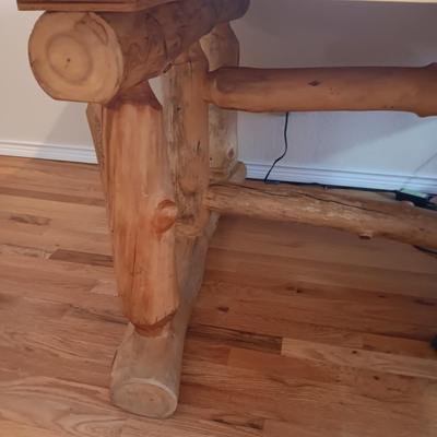 GORGEOUS PINE LOG SLAB DINING TABLE W/2 CAPTAIN, 2 ARMLESS CHAIRS