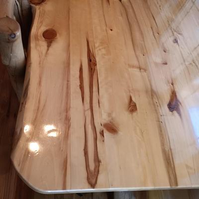 GORGEOUS PINE LOG SLAB DINING TABLE W/2 CAPTAIN, 2 ARMLESS CHAIRS