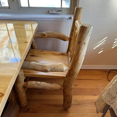 GORGEOUS PINE LOG SLAB DINING TABLE W/2 CAPTAIN, 2 ARMLESS CHAIRS