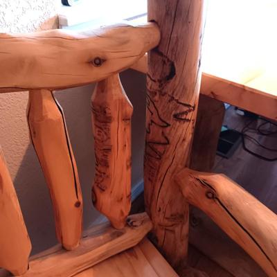 GORGEOUS PINE LOG SLAB DINING TABLE W/2 CAPTAIN, 2 ARMLESS CHAIRS